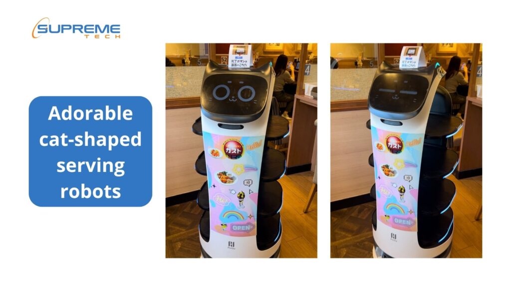 Adorable cat-shaped serving robots of the restaurant