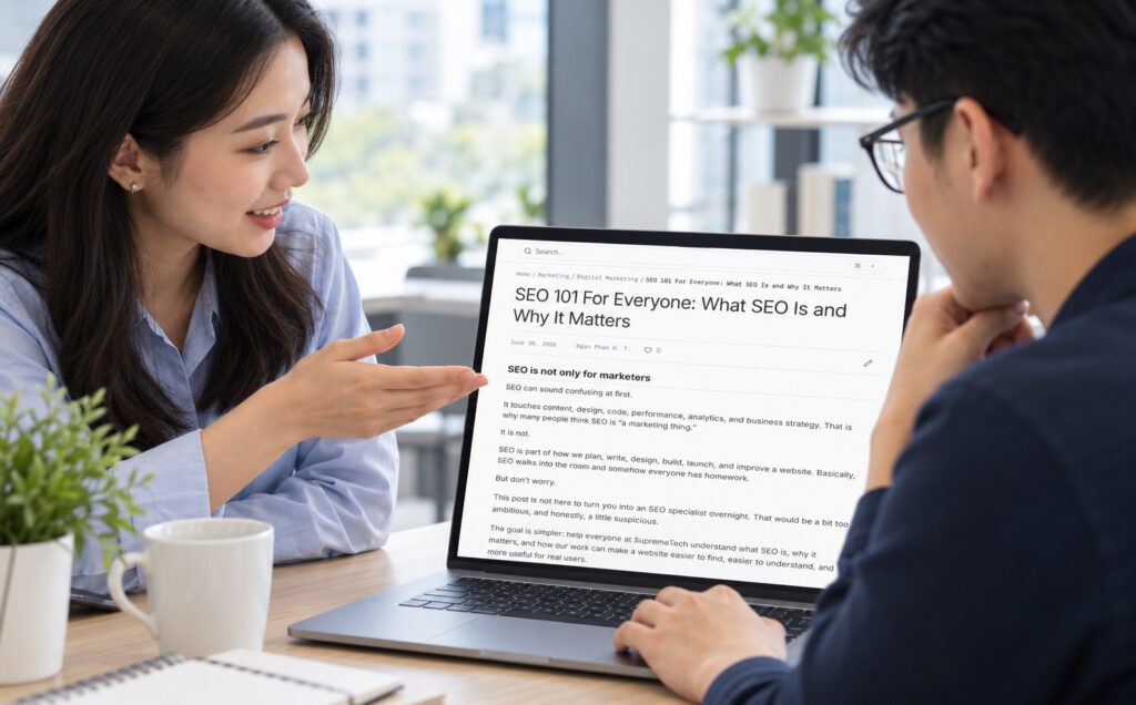 SupremeTech employee using the internal Wiki knowledge base on a laptop