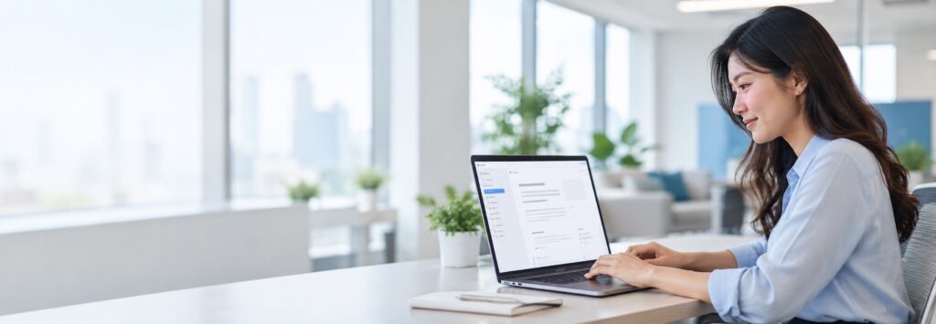 Employee accessing SupremeTech’s internal Wiki from a laptop in the office